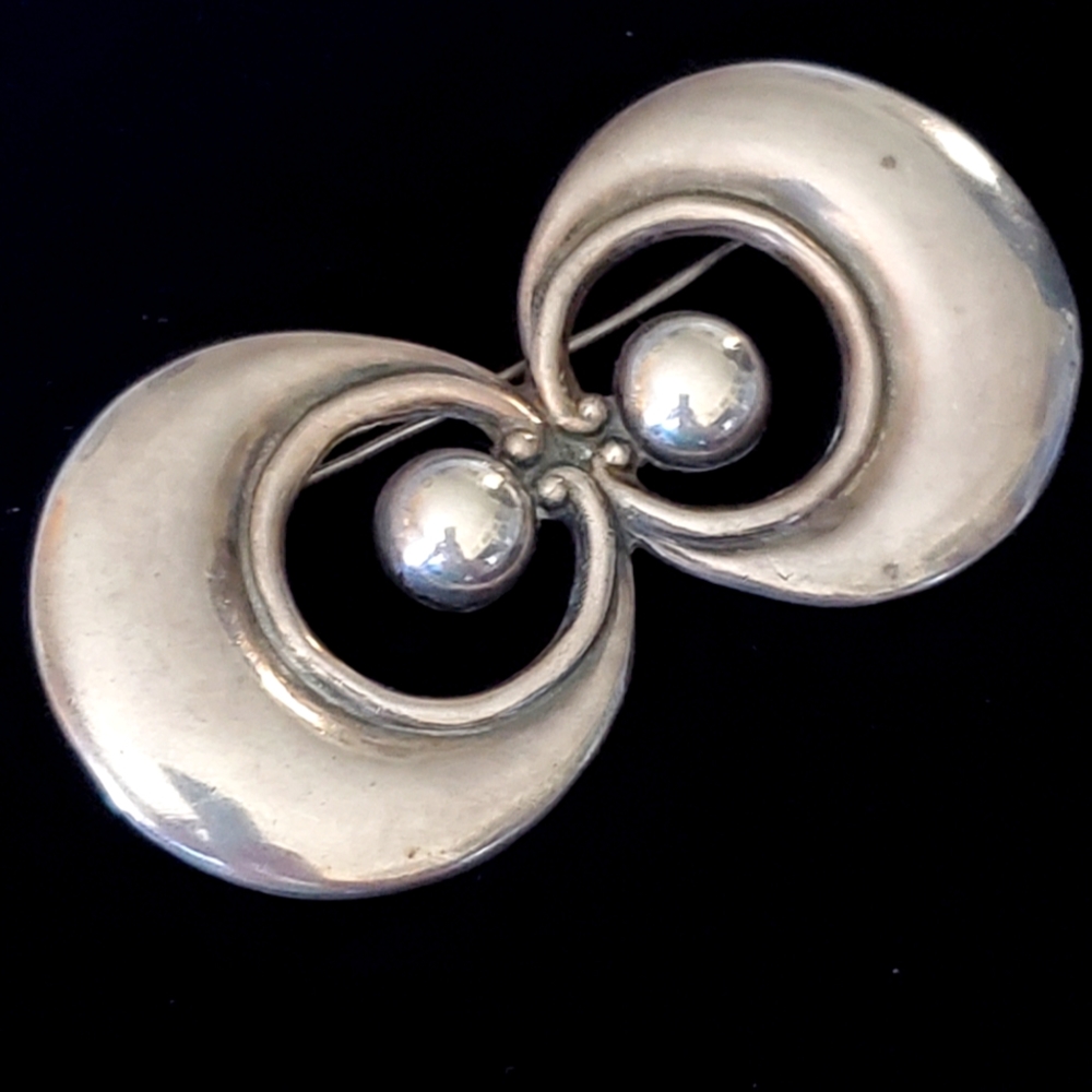 Early Los Castillos Sterling Double Sphere and Crescent Brooch and Earring Set